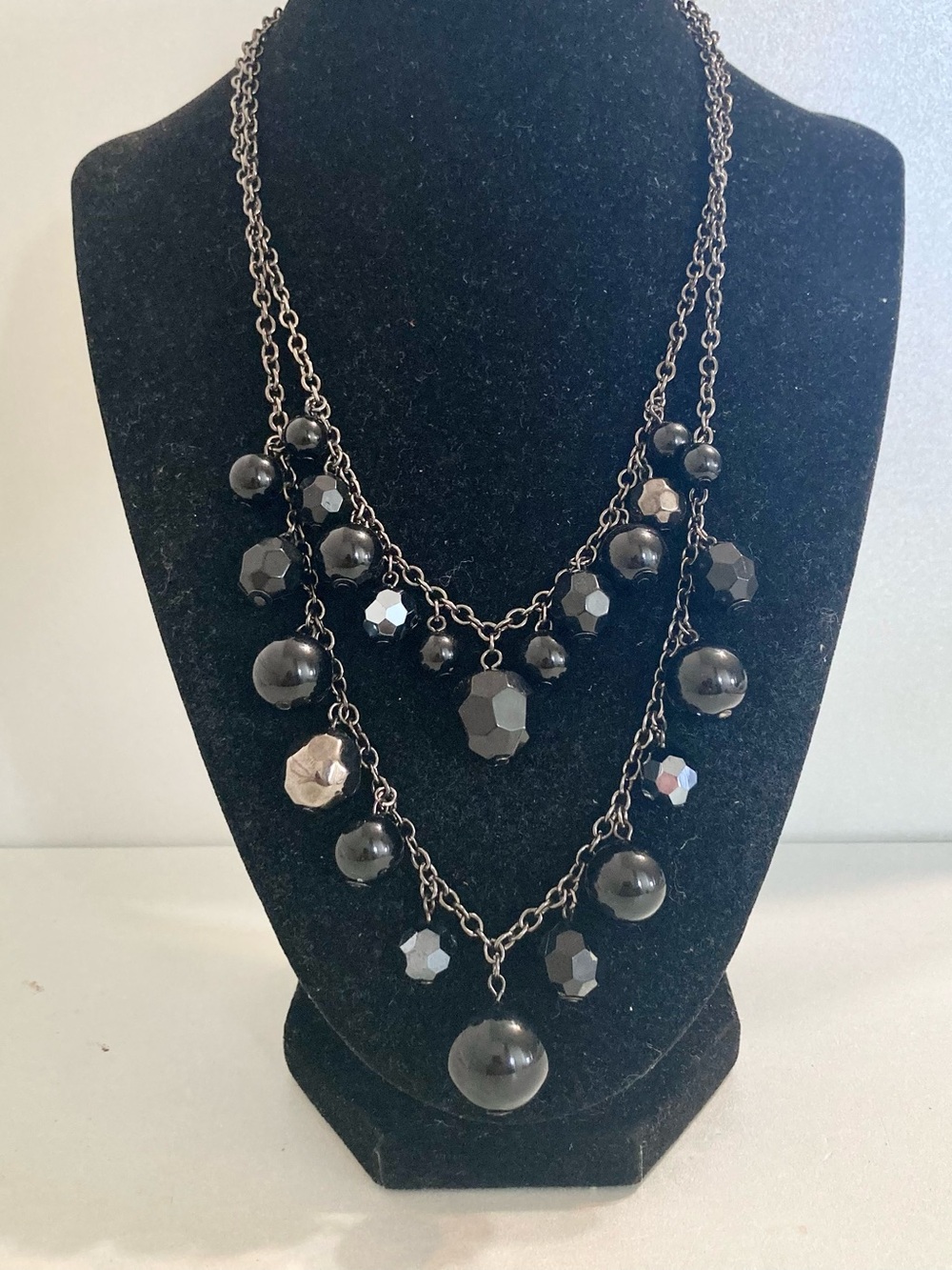 Black Multi-Strand Beaded gunmetal chain Statement  preloved goth Necklace